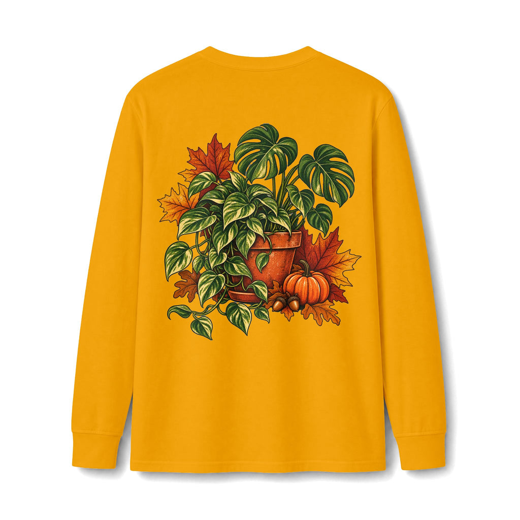 Autumn Plant Crewneck Long Sleeve Tee — Fall Pumpkin & Monstera