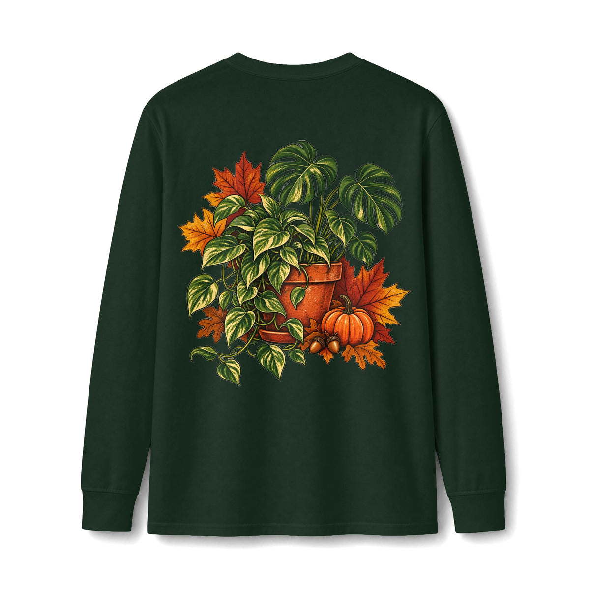 Autumn Plant Crewneck Long Sleeve Tee — Fall Pumpkin & Monstera