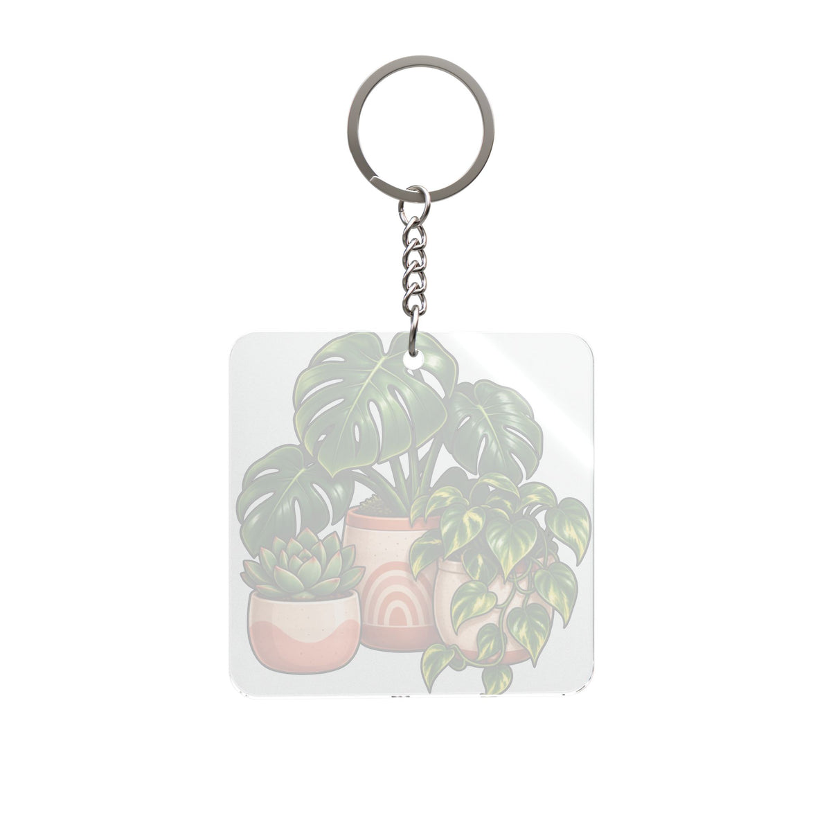 Plant Lover Square Keychain — Potted Monstera & Succulent Accessory