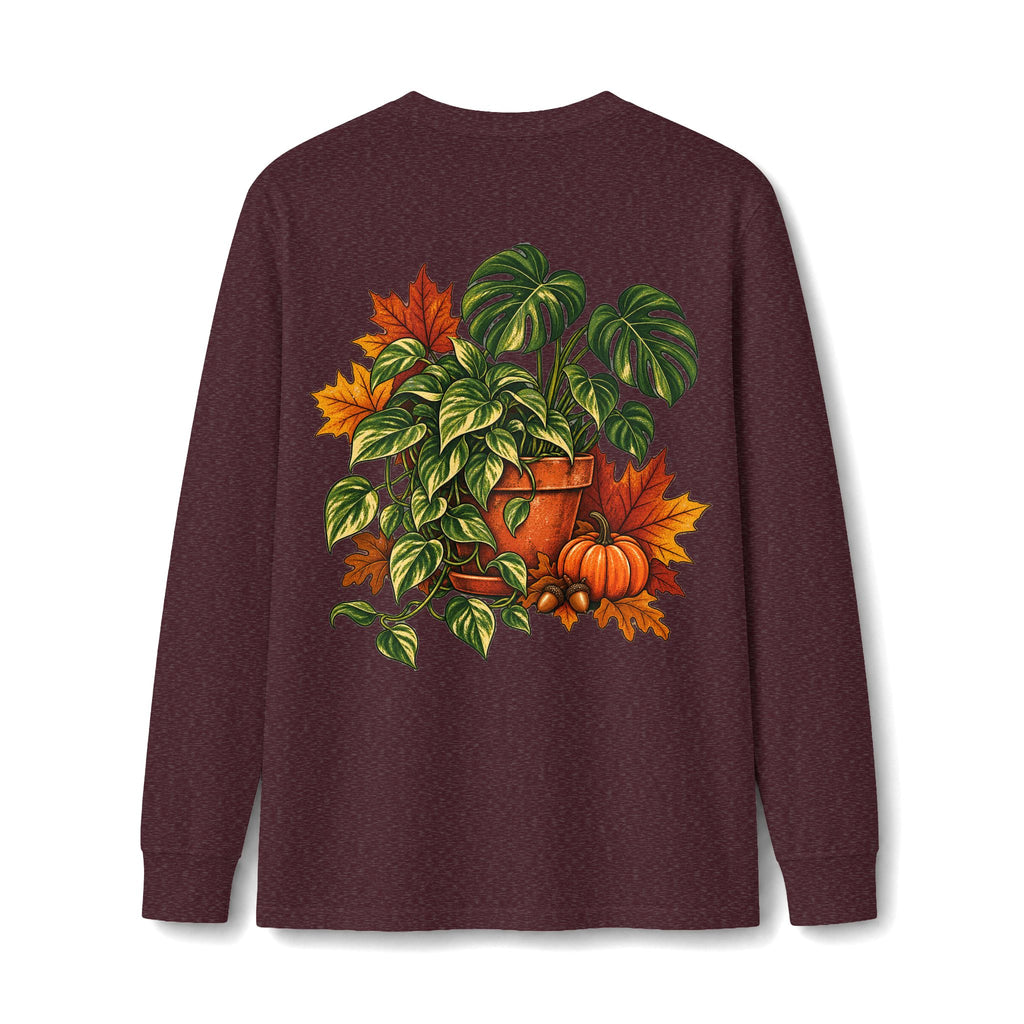 Autumn Plant Crewneck Long Sleeve Tee — Fall Pumpkin & Monstera