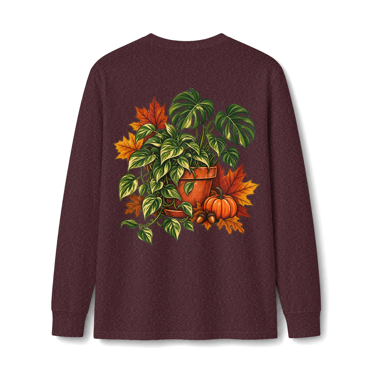 Autumn Plant Crewneck Long Sleeve Tee — Fall Pumpkin & Monstera
