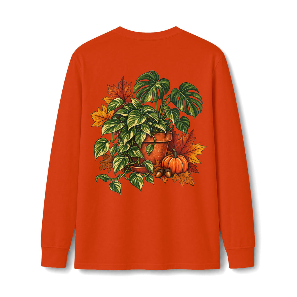 Autumn Plant Crewneck Long Sleeve Tee — Fall Pumpkin & Monstera