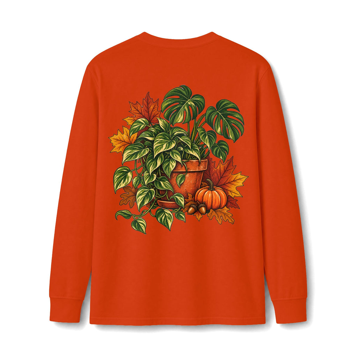 Autumn Plant Crewneck Long Sleeve Tee — Fall Pumpkin & Monstera