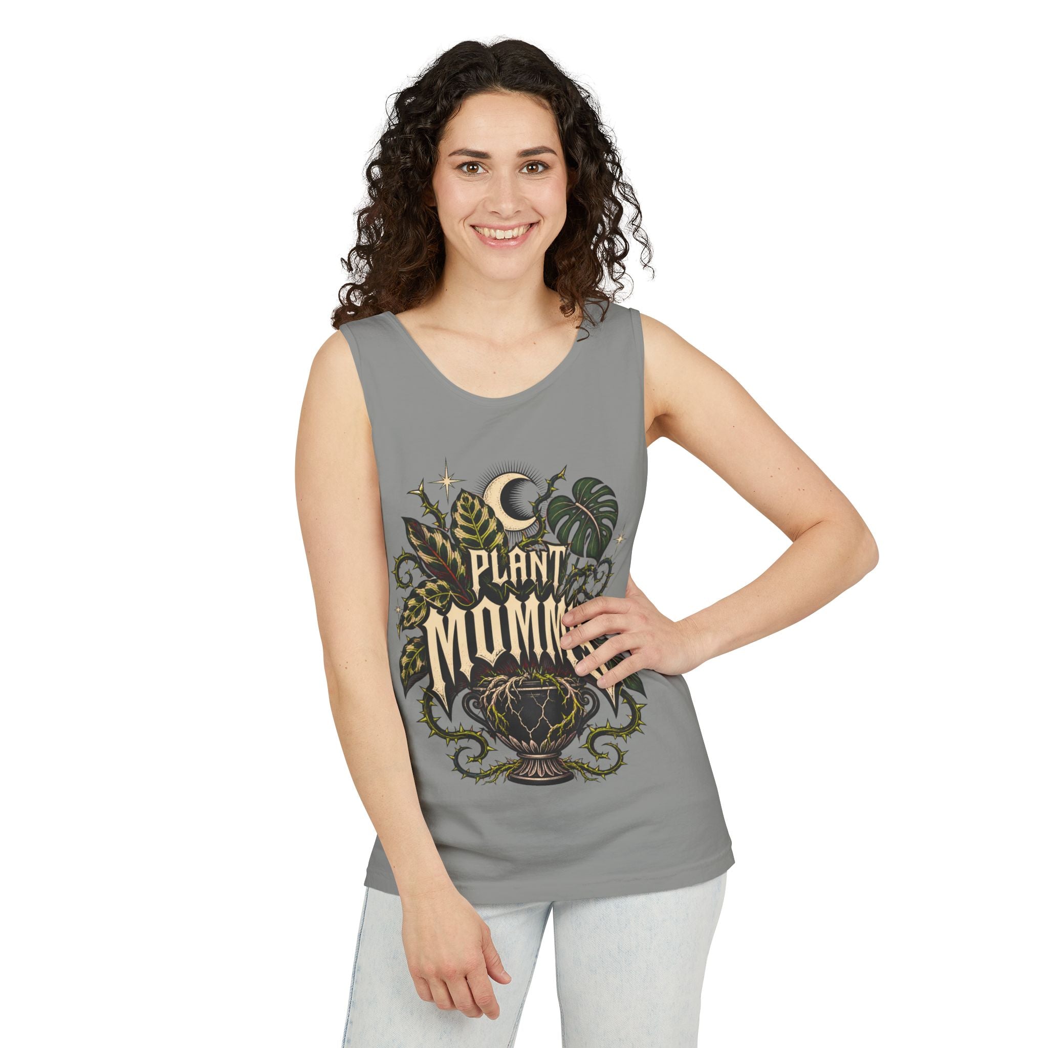 Plant Mommy Tank Top — Botanical Vintage Moon & Monsteras Graphic