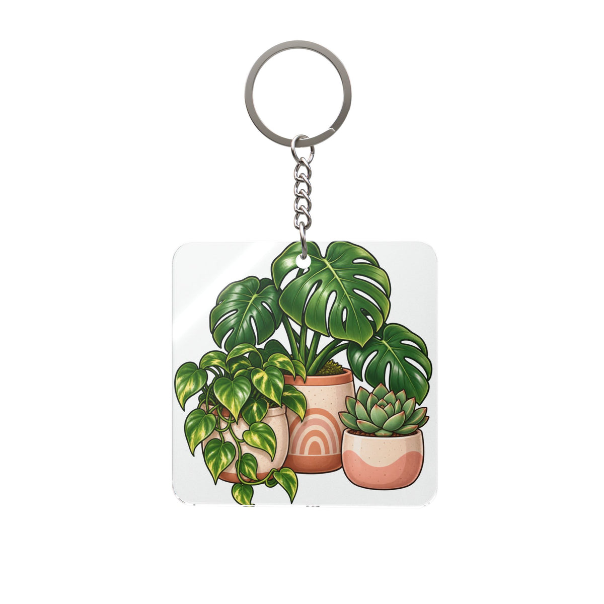 Plant Lover Square Keychain — Potted Monstera & Succulent Accessory