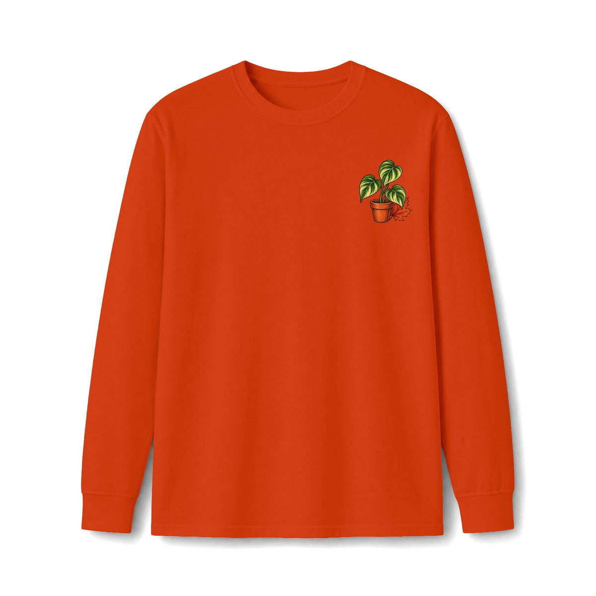 Autumn Plant Crewneck Long Sleeve Tee — Fall Pumpkin & Monstera