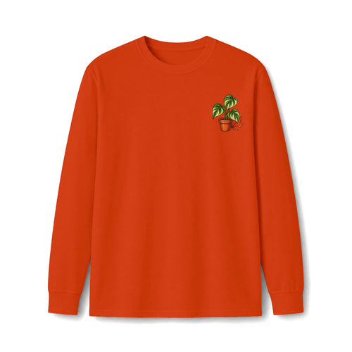 Autumn Plant Crewneck Long Sleeve Tee — Fall Pumpkin & Monstera