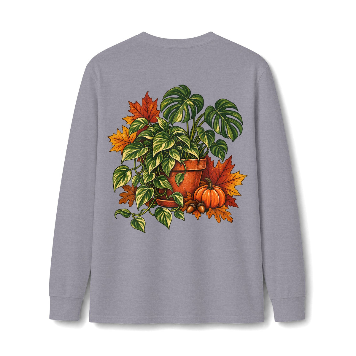 Autumn Plant Crewneck Long Sleeve Tee — Fall Pumpkin & Monstera