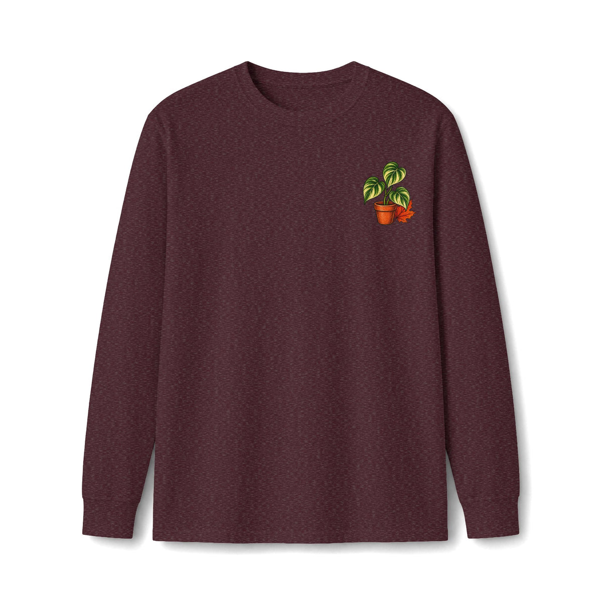 Autumn Plant Crewneck Long Sleeve Tee — Fall Pumpkin & Monstera