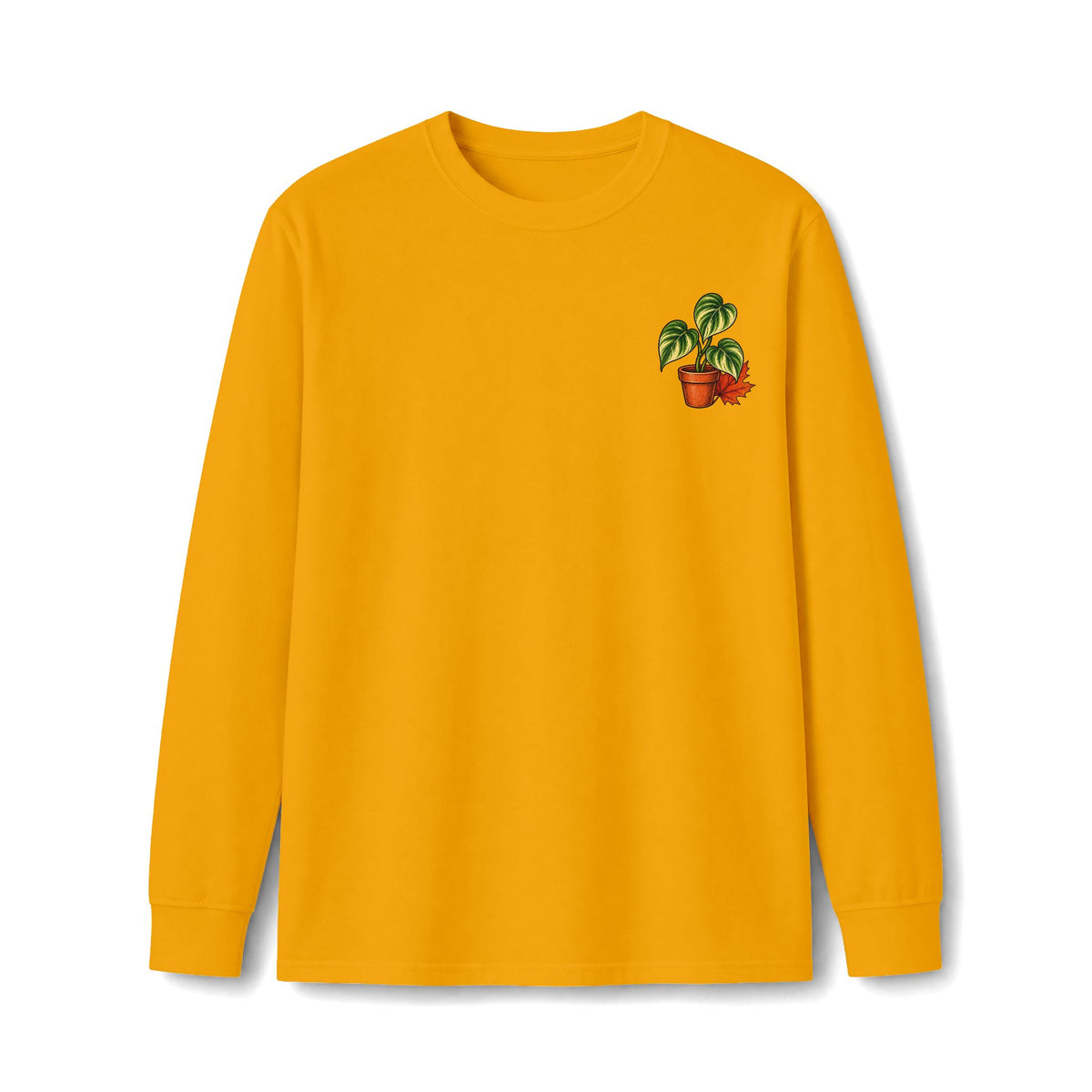 Autumn Plant Crewneck Long Sleeve Tee — Fall Pumpkin & Monstera