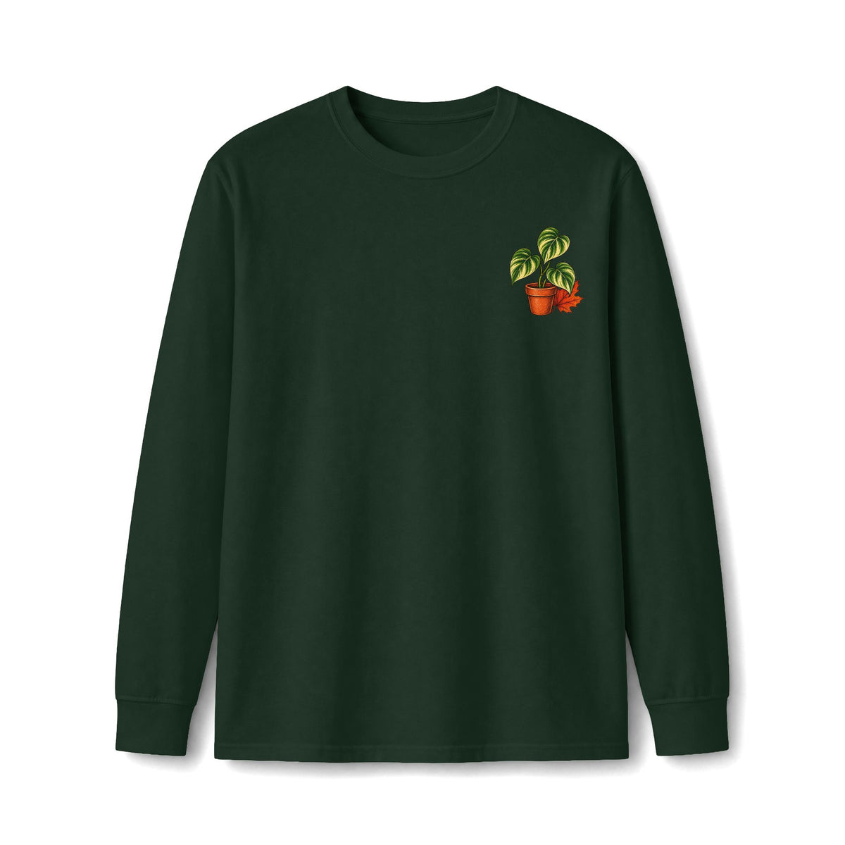 Autumn Plant Crewneck Long Sleeve Tee — Fall Pumpkin & Monstera