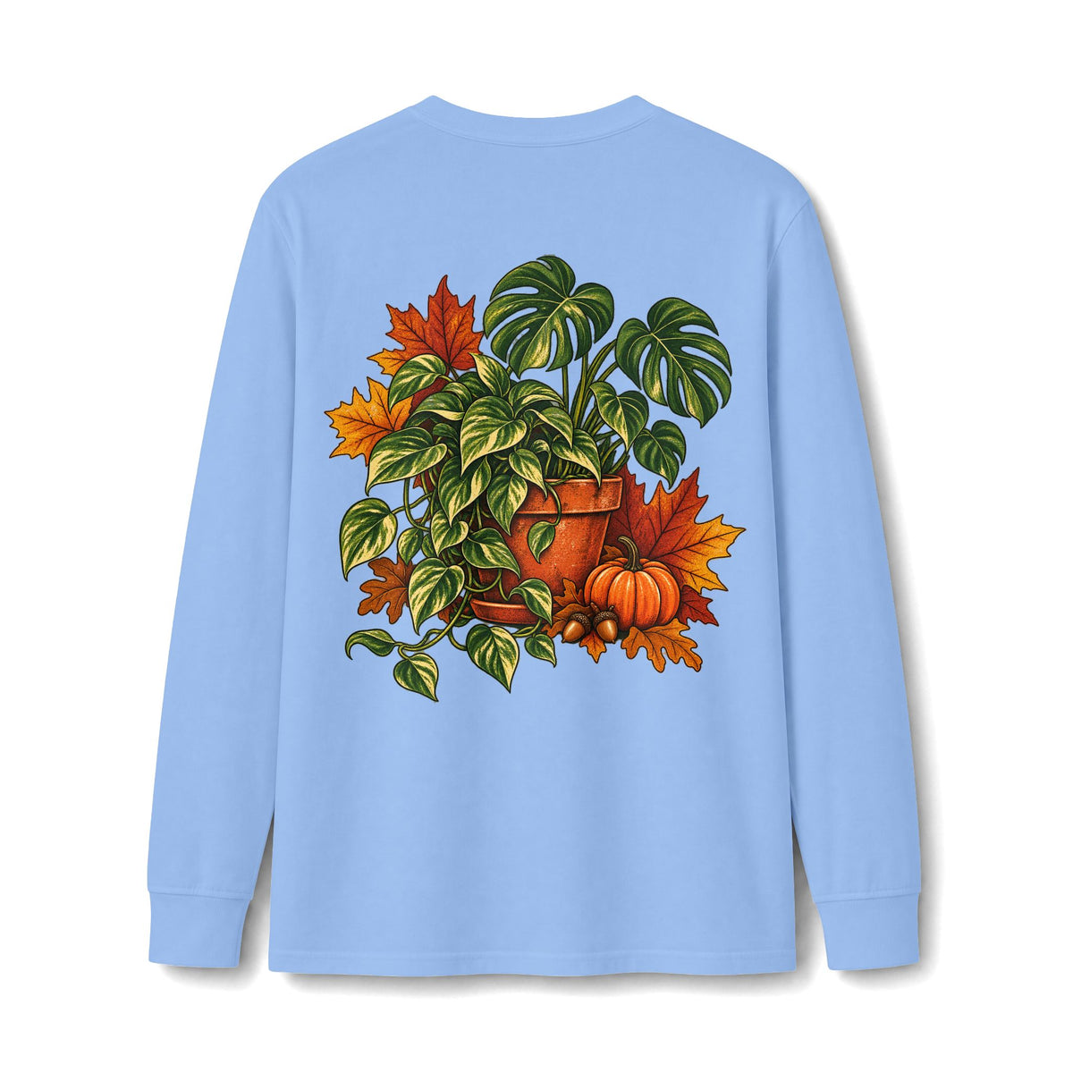 Autumn Plant Crewneck Long Sleeve Tee — Fall Pumpkin & Monstera